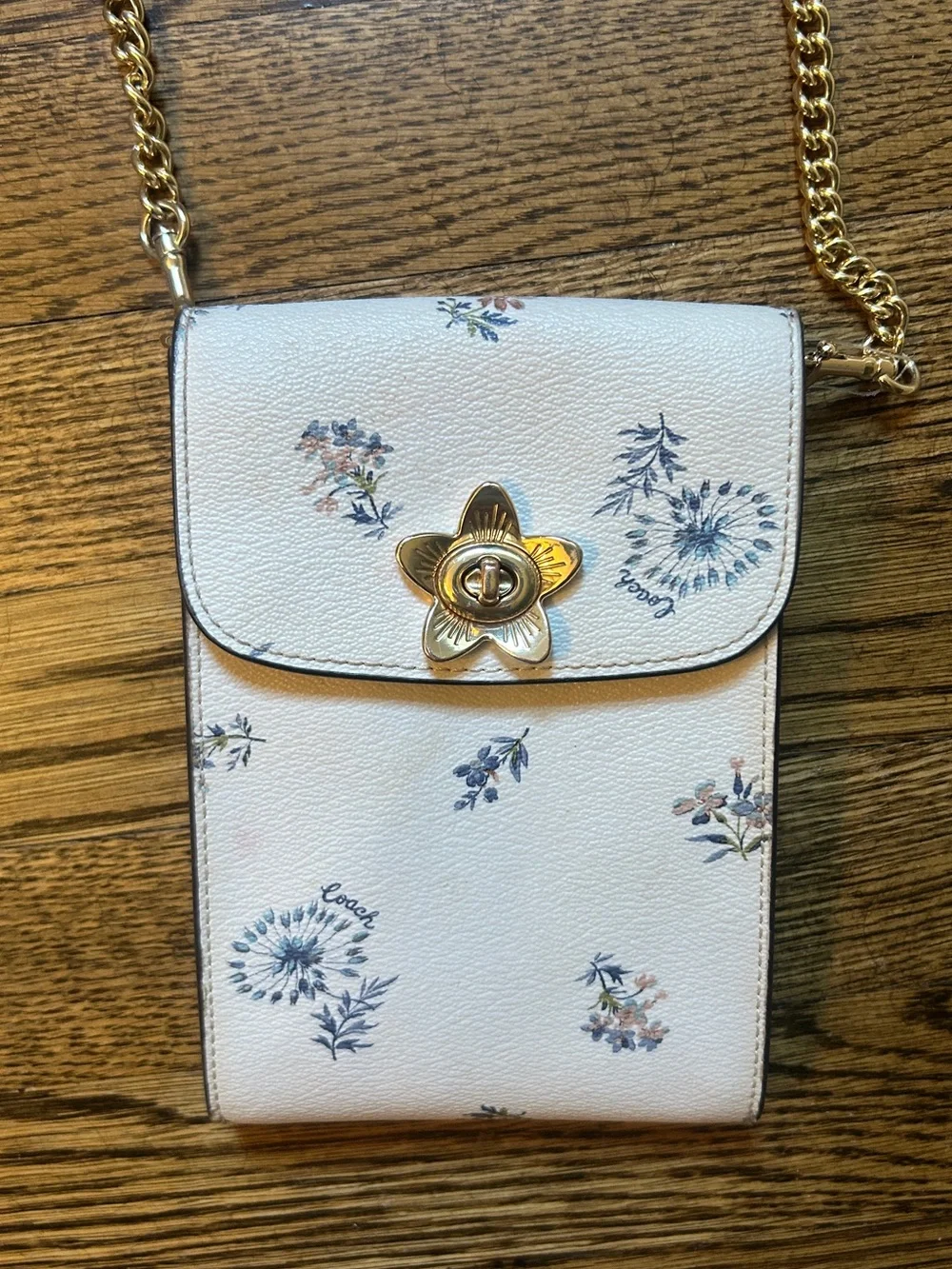 Coach Cream Floral Crossbody Phone Pouch, Gold & Leather Chain - like new!